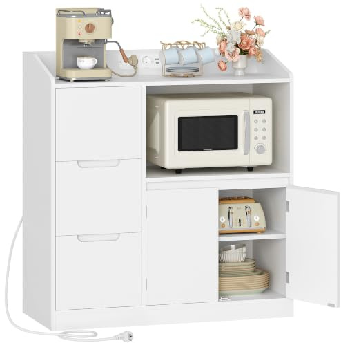 Hzuaneri Meuble Cuisine, Buffet avec Plan, Travail Étagère pour Micro-Ondes, Prise, 3 Tiroirs et 2 Portes, Étagère Réglable, Moderne, Cuisine, Blanc, 38 X 90 X 95 cm, SC31003XEU