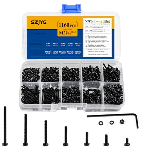 Juego de 1160 tornillos M2 métricos, de cabeza redonda, juego de tuercas, tornillos de cabeza redonda, tornillos hexagonales y arandelas de acero al carbono, surtido de tornillos de máquina