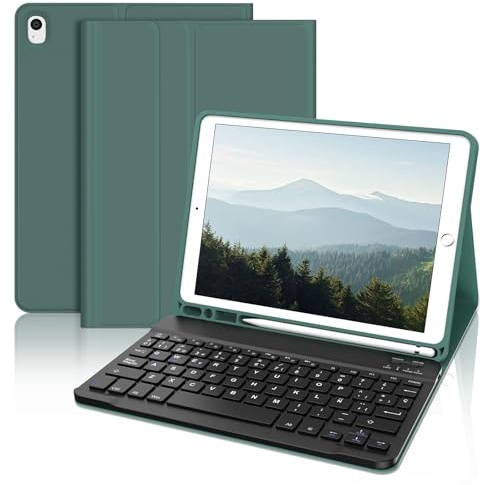 Funda con Teclado para iPad 9a Generación 10.2, Teclado Bluetooth Desmontable con Funda y Portalápices para iPad 9a Gen 2021/8a Gen 2020/7a Gen 2019/iPad Pro 10.5 2017 y iPad Air 3 2019-Verde Oscuro