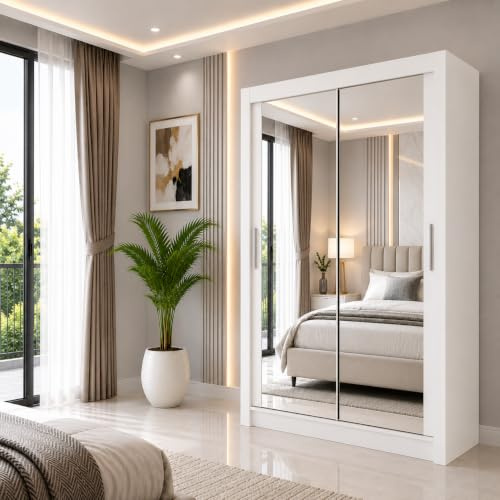 REXwood Furniture Milan LED Sliding Door Wardrobe with Mirror, Modern Bedroom Wardrobe with Shelves, Hanging Rails & Drawers, Mirrored Sliding Door Storage Cabinet, 100-250 cm (White, 120cm)