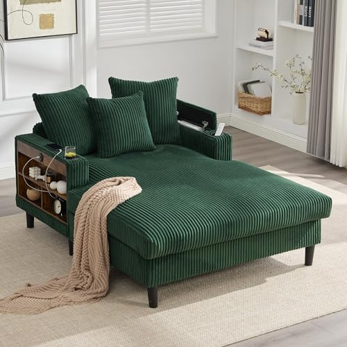 Cord-Lounge mit Chaiselongue, multifunktionale Lounge mit großer Liegefläche, beidseitige Getränkehalter, LED-Beleuchtung, USB-Ladeport, Seitentasche, Stauraum, stabile Kunststofffüße, Smaragd