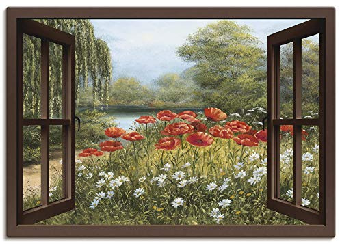 ARTLAND Wanddeko Leinwand Bilder Wandbild Fensterblick Fenster Landschaft Blumen See Natur Malerei Mohnblumen F7EO