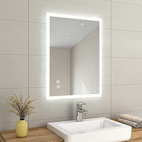 EMKE 60 X 80 cm Backlit Bluetooth Bathroom Mirror with Shaver Socket, LED Bathroom Mirror with Shaver Socket/Bluetooth Speaker/Demister Pad, Smart Mirror for Bathrooms, Vertical/Horizontal, IP44