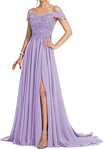 N/ C Madre dello Sposo Abiti Da Sposa In Pizzo Applique Perline Spalla Spalla Split Lunghi Abiti Da Sera Formale, Lilla, 16