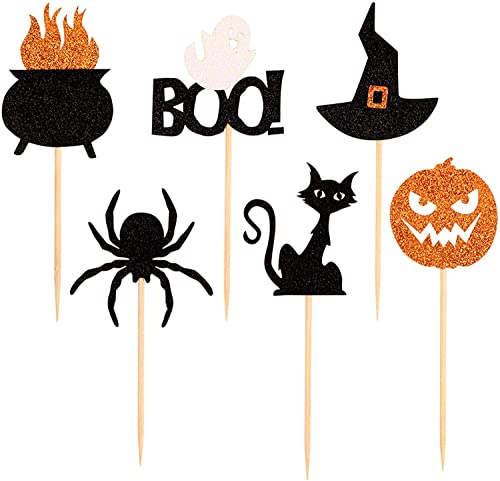 30Stk Halloween Cupcake Topper Halloween Boo Geburtstag Dekoration Zubehör | Glitter Schwarz Orange Halloween Kuchen Topper Katze Kürbis Hexe Spinnen Kuchen Topper Halloween Dekoration Zubehör