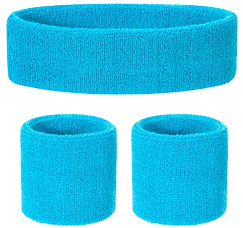 ONUPGO Barn svettband pannband armband set – atletisk bomull svettband för sport (1 pannband + 2 armband) (neonblå)