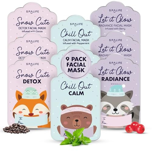 SpaLife Beauty Holiday Gift Tags Christmas Face Mask Bundle | Korean Facial Masks | Hydrating, Tone Evening, Refreshing Christmas Sheet Mask Set | Christmas Gifts for Women | 9 Pack