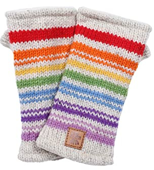 Pachamama Women Wool Hand Wrist Warmers Fleece Lined Handknitted Stripes Oatmeal Multicoloured One-Size Handmade Thumbhole Thermal Extra Warm Fair Trade
