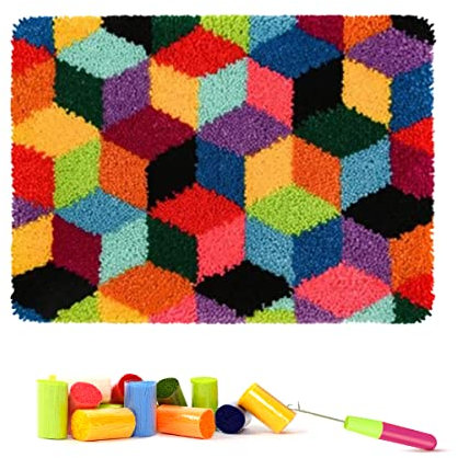 ROCKY&CHAO Kit de crochet à loquet pour adultes - Motif géométrique - 50 x 38 cm - Kit de fabrication de tapis de maison - Kit de broderie au point de croix - Tapis pour décoration d'intérieur