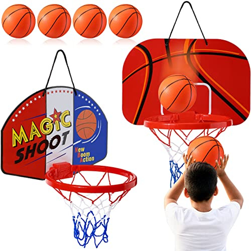 Sosation 2 Pcs Mini Basketball Hoop with 4 Basketball, Sticky Hook, Pump, Indoor No Drilling Basket Ball Hoop Decompress Game for Kid Adult Back to School Gift(Shoot Style)