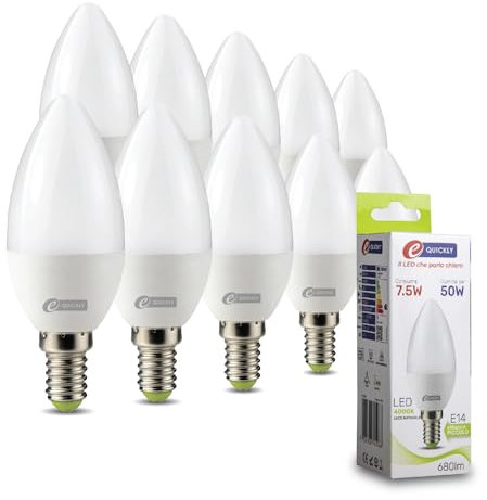 E-QUICKLY lampadine led e14-7.5w equivalenti a 50w, led luce naturale 4000k, lampadina candela e14 lampadine attacco piccolo 680 lumen a basso consumo, lampadina led e14 a risparmio energetico, 10PZ