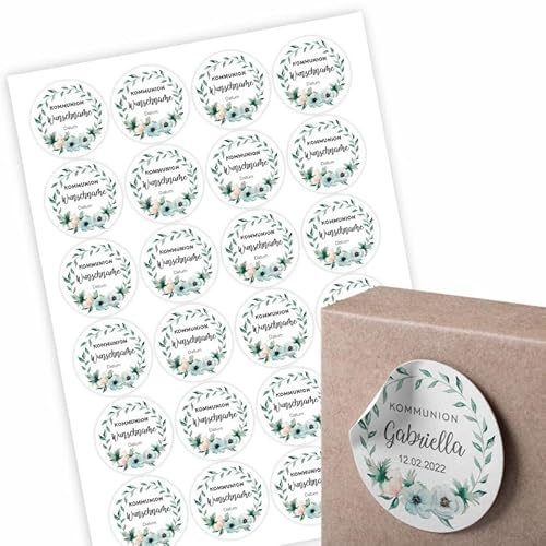 24 Stück Aufkleber Kommunion- Personalisierte Aufkleber mit Namen Datum für die Geschenke Ihrer Gäste 4,5cm Runde Papieraufkleber Etiketten für Tischdeko, Flaschen, Tüten, Briefen, Einladungskarte