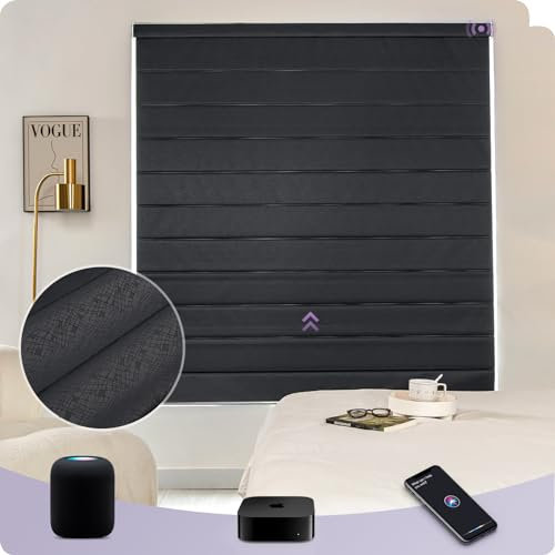 Graywind HomeKit Smart Roman Shades Eve Powered Siri Voice Control Home App Rechargeable Blackout Motorized Blinds Plain Fold, Custom Size, Flowing Line Black