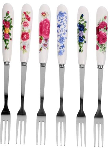 DECHOUS 6pcs Small Stainless Steel Dessert Forks with Ceramic Handles Sturdy Two-Tine Forks for Fruits and Cake Accessories for Everyday Meals and Gatherings