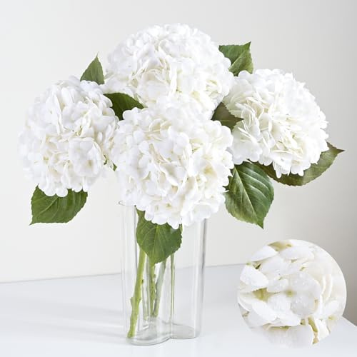 Artflower Künstliche Hortensien, fühlen Sich echt an, 57,1 cm, weiß, Volllatex-Kunsthortensien, Blumen für Zuhause, Blumenarrangements, Hochzeitssträuße, Küche, Tischdekoration, 4 Stück