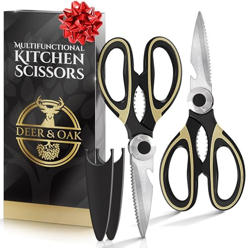 Deer & Oak Premium Heavy-Duty Kitchen Scissors (2 Pack) - Meat & Pizza Scissors Multipurpose Dishwasher-Safe Kitchen Shears UK