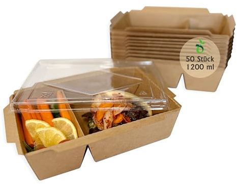 ECOPICNIC 50 Pack Kraft Lunch Boxes with Clear Lid, 2 Compartments 1200 ml | Disposable Food Containers for Salads, Sandwiches, Desserts, Eco-Friendly Takeaway Packaging