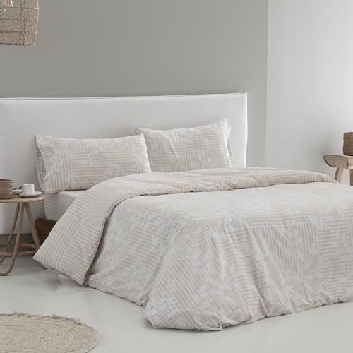 COTTON ARTean Funda Nórdica Cama 105 poliéster - algodón ASON Beige Reversible Funda edredón 180x220 + 1 Funda de Almohada Cierre con Botones