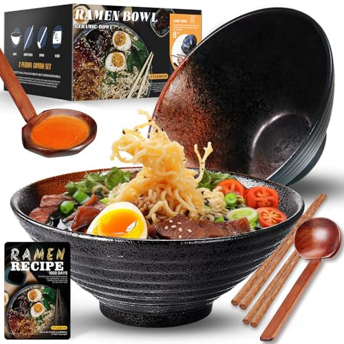 8-Inch Large Ceramic Ramen Bowl Set of 2 (9 Piece) - Microwave & Dishwasher Safe Porcelain Japanese Salad Noodles Cereal Fruit Pasta Soup Bowls with Recipes Chopsticks Forks Spoons for Men Women Gift