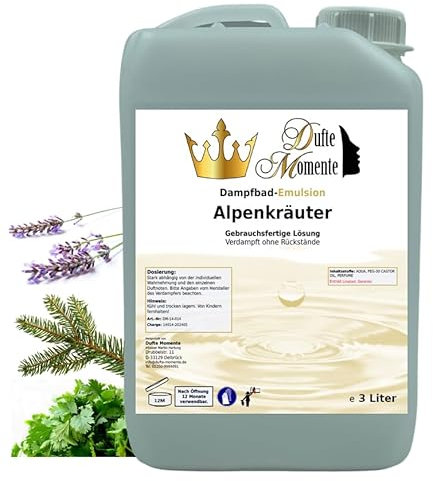 Dufte Momente Dampfbad-Emulsion 3 Liter Alpenkräuter | gebrauchsfertig | Hochwertige Formel | Für gewerbliche Dampfbäder, Thermen & Spas