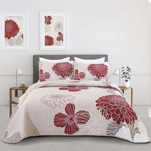 WONGS BEDDING Copriletto 220 x 240 cm, colore bordeaux, morbido, trapuntato, per letto matrimoniale, in microfibra, con 2 federe 50 x 75 cm