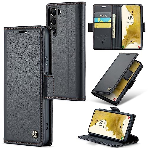 Rerzoiro fodral för Samsung Galaxy S22, premium PU-läder telefonfodral med RFID-blockering, ställ, kortplats, magnetiskt skydd, flip bok plånboksfodral för Samsung S22, Svart