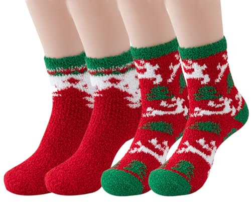 LYQNIHOB 2 paia Calzini natalizi, Calzini Donna Invernali, Calze Caldi Pelosi Morbido Calzini Termici Natalizi Regalo per Signore, Soffici Pile di Corallo Pantofola Calzettoni Caldi, motivo natalizio