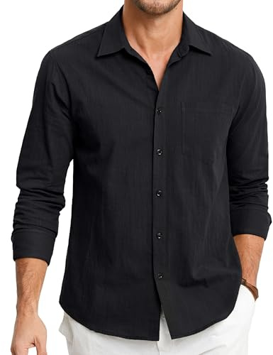 HISDERN Camicie in Lino Uomo Nero Manica Lunga Causal Bottoni vestibilità Regolare Estiva Leggere Camicia Spiaggi Shirts XL
