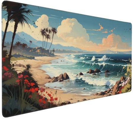 Gaming Mauspad XXL Strand Mousepad 1000x500x4mm Landschaft Verlängertes Mauspad Schreibtischauflage,Genähte Kanten Mauspad,Verbessert Präzision Geschwindigkeit Wasserdicht Geeignet für Büro und Spiele