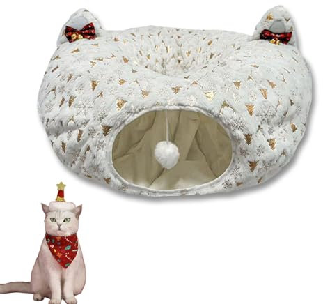 Christmas Tree Cat Tunnel, Katzentunnel für Weihnachtsbaum, Plüsch Katzentunnel Katzenbett, Katzentunnel Rund Mit Schlafplatz, Katzentunnel Große Katzen，Weihnachten Katzenspielzeug (Weiß)