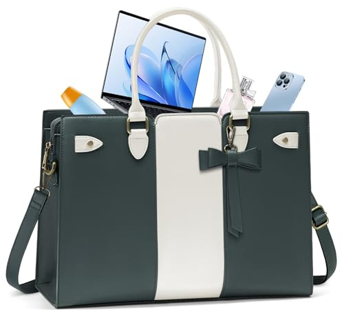 RAINSMORE Laptoptasche Damen PU Leder Handtasche Damen Groβ Arbeitstasch Aktentasche Shopper Tasche Umhängetasche 15.6 Zoll Dunkelgrün mit Beige