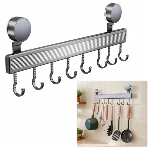 EUIOOVM Hakenleiste Küche ohne Bohren mit 8 Haken mit Saugnapf Küchenreling Edelstahl 40 cm Stange für Küchenutensilien Küchenleiste Aluminium Küche Hakenleiste Kleiderhakenleiste