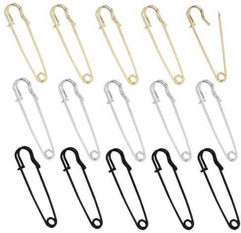 Annlpoy 15 pezzi spilla da balia grande, spille da balia grandi, 7 cm, grandi metallo extra large per pelle, tela, coperte, artigianato, gonne - giganti con chiusura a molla, argento, oro e nero