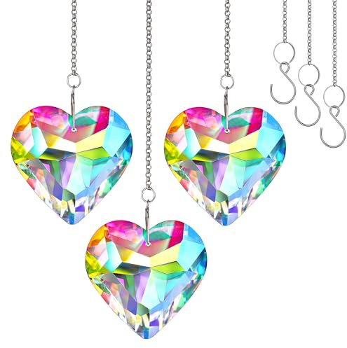 3 Stück 50mm Herz Prismen – Sonnenfänger AB-Farbe & Regenbogen Deko | Kristall-Herzprismen, facettiert, AB-Farbe, Regenbogen. Fensterdeko & Ornament für Balkon, Küche & Garten. Inkl. Aufhängung.