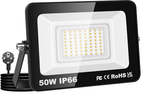 AUXTINGS Faretto LED da Esterno 50W con Spina, 5000LM Faro Led Esterno 4000K Bianco Caldo, IP66 Impermeabile Faretti LED Proiettore Esterni per Giardino Garage Cortile Piazza Terrazza Patio
