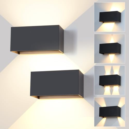 2 Apliques Pared Exterior Interior 12W, 3000K Lampara Exterior Pared IP65 | Blanco Cálido Luminarias Impermeable Ángulo de haz Ajustable Aplique de Interior Aluminio Negro para Terraza,Jardín,Balcón