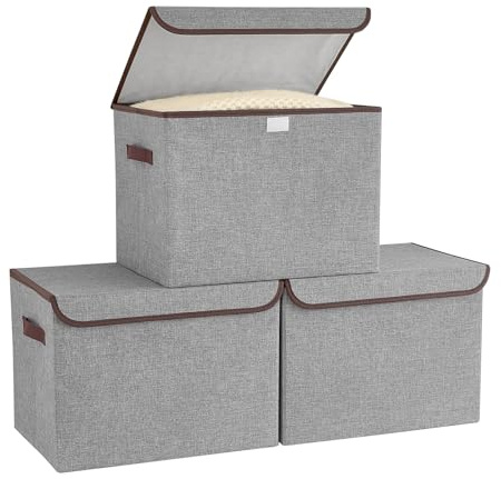 Bagnizer Faltbare Aufbewahrungsbox mit Deckel 3er Set 42x30x30cm | Stoff Aufbewahrungsbox mit Griffen, Groß Kisten Aufbewahrung mit Deckel für Schlafzimmer, Kleideraufbewahrung, Grau