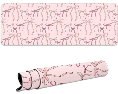 Ksriylm Cute Bow Desk Mat,Gaming Mouse Pad for Pc,31.5x11.8 Inch Mouse Mat,Rubber Non-Slip Base Gaming Mouse Mat,Stitched Edges Large Mouse Pad for Office and Home,Pink Bow