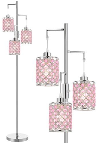 GyroVu Stehlampe Rosa, Kristall Stehleuchten für das Wohnzimmer | 3 Flammige Stehlampen mit Elegantem K9 Kristallschirm und Drehschalter, Moderne Standlampe für Schlafzimmer, Home, Leseecke