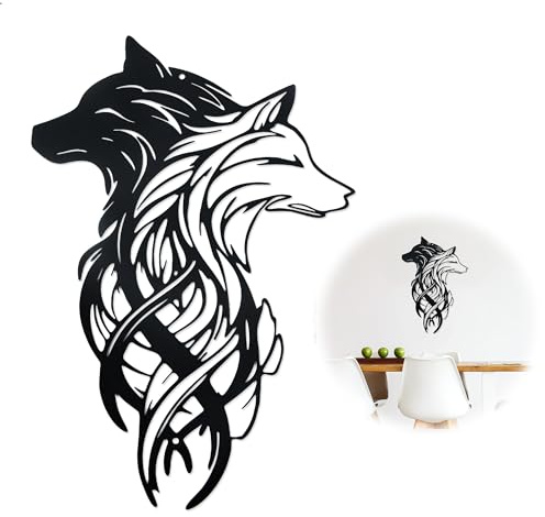 lemgyiamz Adornos Pared, Decoración Pared Salón y Dormitorio de Metal, Wall Art Cabeza de Lobo Doble Blanco y Negro, Decoración de Pared para Interior, Blanco/Negro