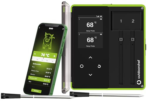 Outdoorchef Easy Check Thermometer Dual – Wireless Bluetooth BBQ‑Thermometer mit App, 2 hitzebeständige Fühler für Fleisch & Garraum, 200 m Reichweite, spülmaschinenfestes Grillthermometer