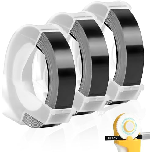 3 rotoli di etichette per goffratura, compatibili con nastro di goffratura 9 mm, nero, compatibile con nastro autoadesivo Omega nero, per nastri 3D, per dispositivo di goffratura Omega Junior