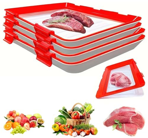 Stretch Storage Fresh Silicone Food Trays, 4Pcs Cold Meat Containers for Fridge Stackable Vacuum Food Preservation Tray with Elastic Lid Freezer Storage Boxes for Meat Vegetable Fruit (Red)