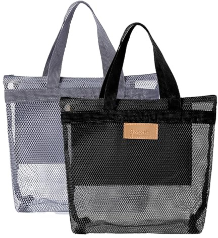 TRKETK 2 Stück Tragbare Duschtasche, Netz-Duschkorb Multifunktionale Strandtasche Tragbare Netz-Aufbewahrungstasche mit Griffen für Reisen, Fitnessstudio, Schwimmen, Camping, Strand (Grau/Schwarz)