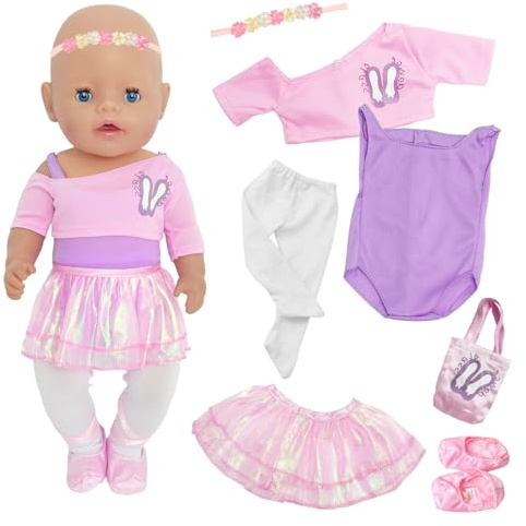 7 Pcs Puppenkleidung 30-35cm Baby Puppen, Rosa Puppezubehör mit Ballett Oberteil Playsuit Rock Hose Handtasche Handtasch Stirnband für 12-14 Zoll Puppen Zubehör Kinder Mädchen Geschenk