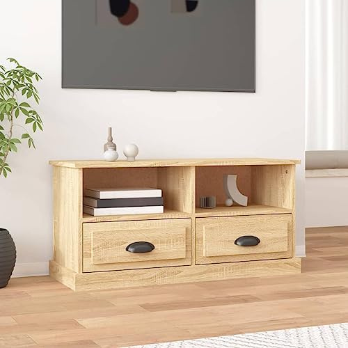 Youuihom TV-Schrank Lowboard Sonoma Eiche 93x35,5x45 cm aus Holzwerkstoff Modernes Design mit 2 Schubladen & 2 offenen Fächern Robustes TV Board Sideboard für Wohnzimmer & Flur