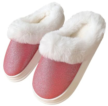 Tofflor för damer, varmt fodrade – stugskor, damer, lätta vinter, halkfria pantoletter, tofflor, söta plyschtofflor, unisex, vintertofflor, röd, 38 EU