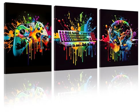KiKiHong 3 Stück Wandbilder Gaming mit Rahmen Jugendzimmer Deko Jungen | 30×40 cm Gaming Bilder für Jungen, Teenager & Spielzimmer Zocker Bilder Wand