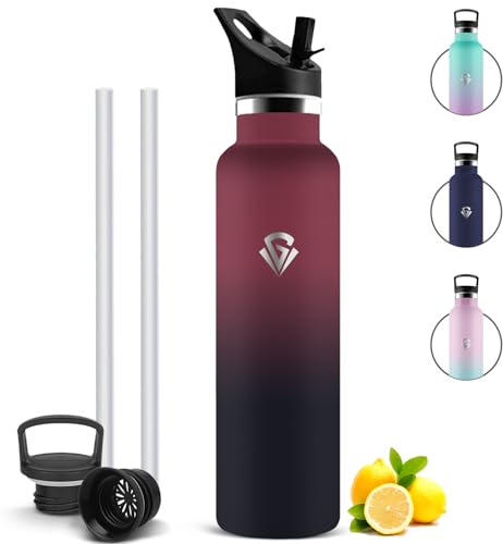 Mujigaga Botella Agua Acero Inoxidable, Sin BPA Botella Termica 1 litro con Pajita, Termo con 2 Tapones, Prueba de Fugas Cantimplora Termica para Escuela, Cámping, Gimnasio