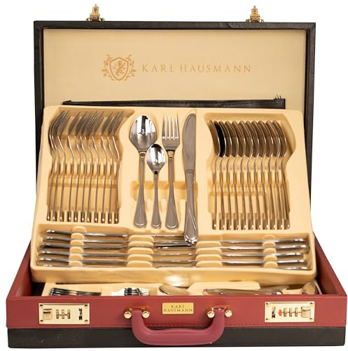 KARL HAUSMANN Cubertería 12 Personas, 72 Piezas Acero Inoxidable 18/0 con Maletín - Juego de Cubiertos con Cuchillos Tenedores Cucharas + Utensilios de Servicio, Pulido Brillante, Apto Lavavajillas